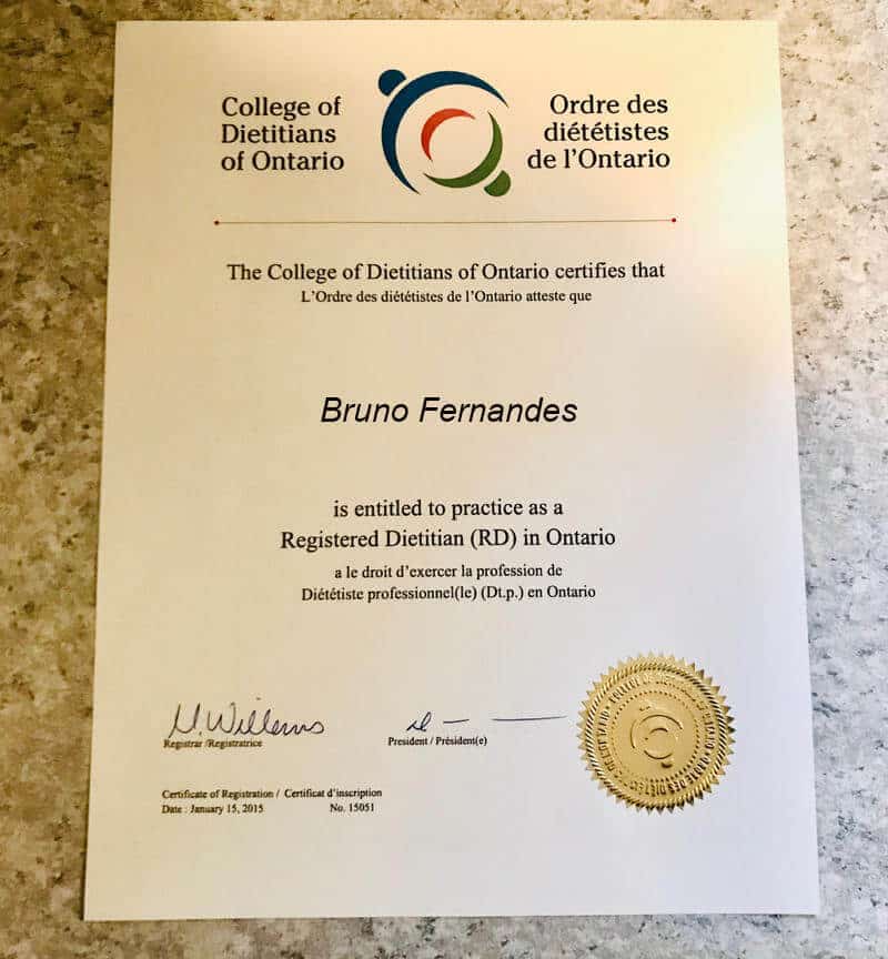 certificado de registro de nutricao em ontario